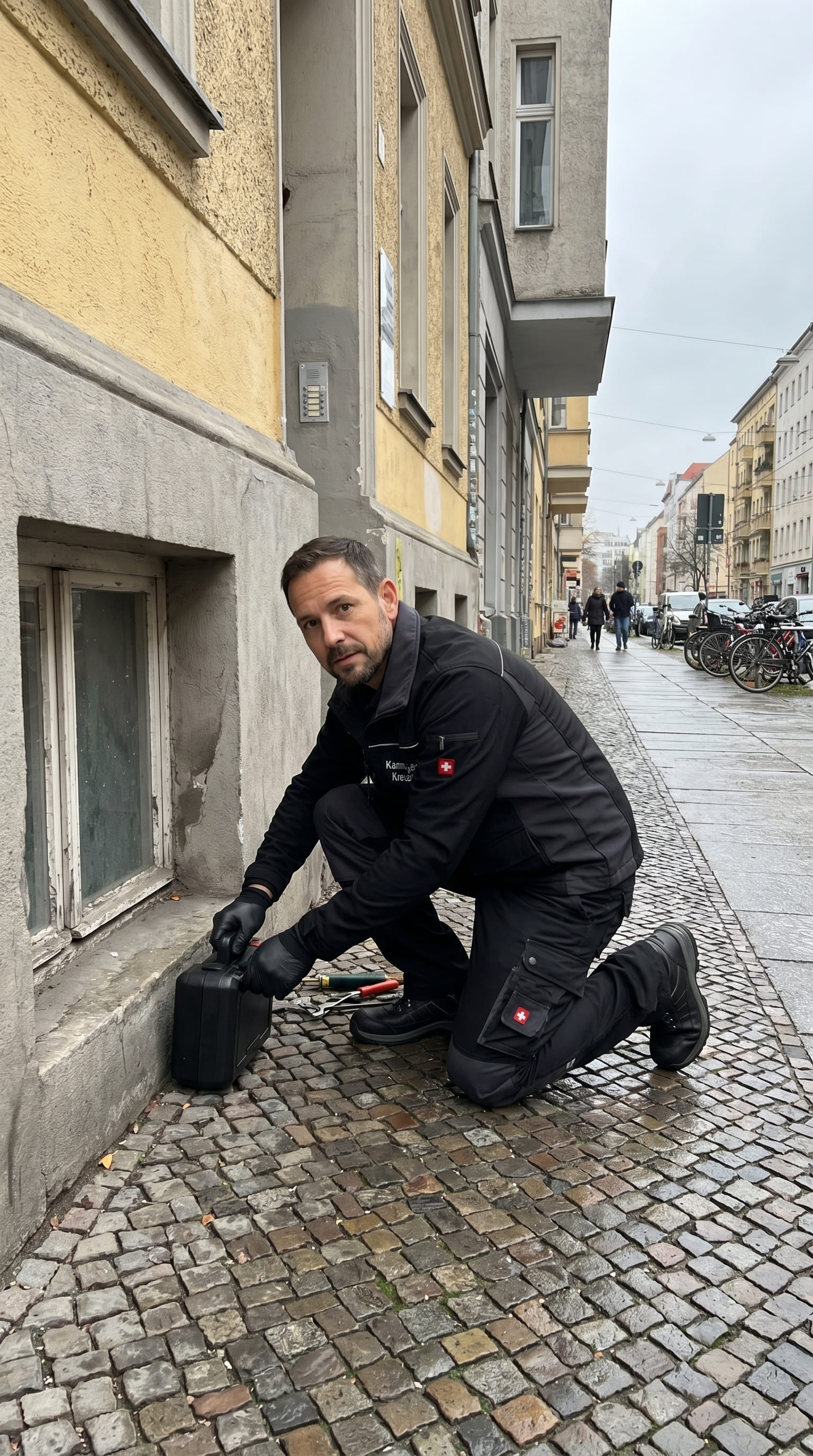 Sicherung einer Koederbox an einer Hausfassade in Berlin Kreuzberg